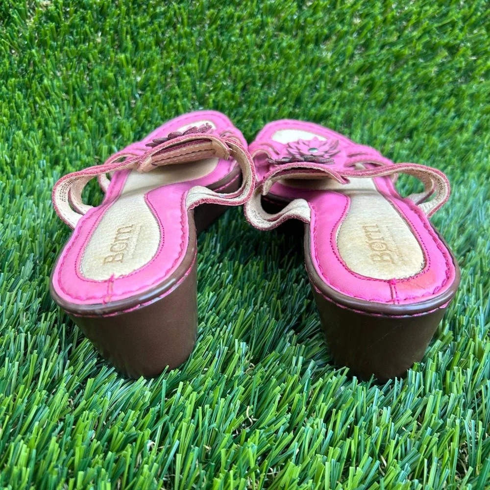 Born Pink Leather Floral Wedge Sandals Strappy Slide 7 38 W51892 CKL11